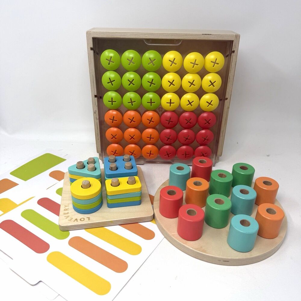 LOT 3 Lovevery Wood Montessori Style Puzzles Group Buttons Stacking Pegs